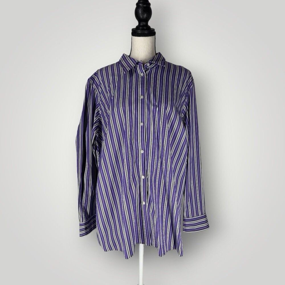 Ralph Lauren LRL Blouse Purple Black White Stripe Cotton Size 1X